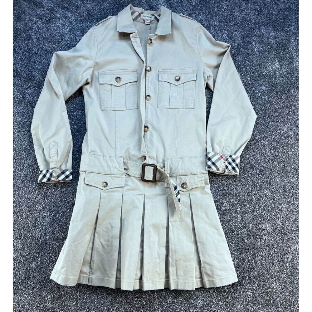 Burberry Girls Beige Pleated‎ Dress With Belt & Check Cuffs 12Y